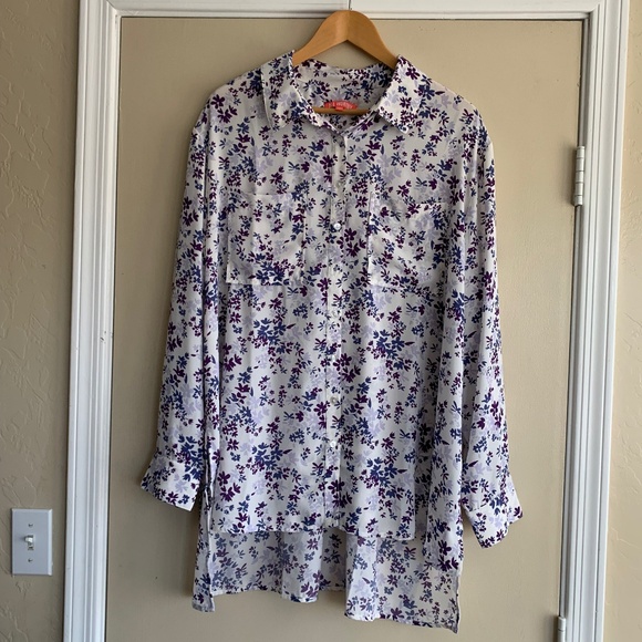 All Worthy Hunter Mcbrady White Lavender Floral Button Down Tunic Top Shirt 1X - Picture 1 of 11